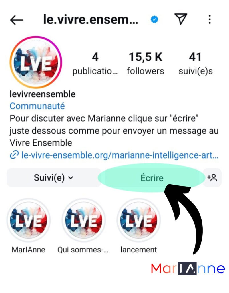 Interface Instagram expliquant comment discuter avec Marianne, l'IA du Vivre Ensemble, via un message direct en cliquant sur « Écrire