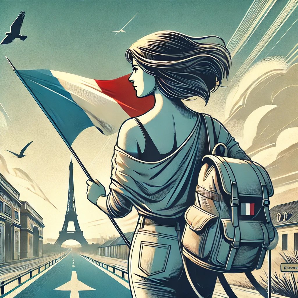 Imen avec un sac à dos et un drapeau français, symbolisant la mission du Vivre Ensemble en voyage entre la France et le Maghreb.